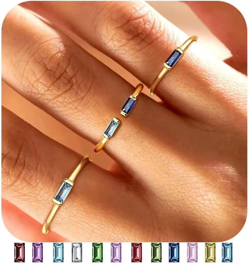 FIASASO 3Pcs Dainty Birthstone Rings for Women Mother - 18K Gold Plated Stackable Birth Stone Ring Non Tarnish Adjustable Green Gem Stone Stacking Rings Set