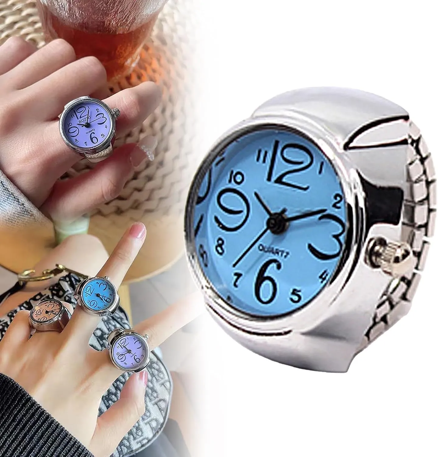 Finger Watches Ring for Men Women Adjustable Clock Rings Creative Elastic Round Quartz Finger Ring Watches