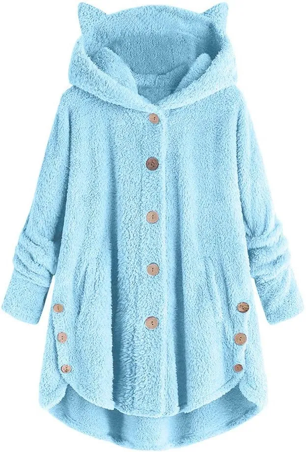 Fleece Jacket Women Pullover Hoodie Fleece Hooded Sweatshirt Cat Ear Pocket Solid Warm Winter Oversized Outwear