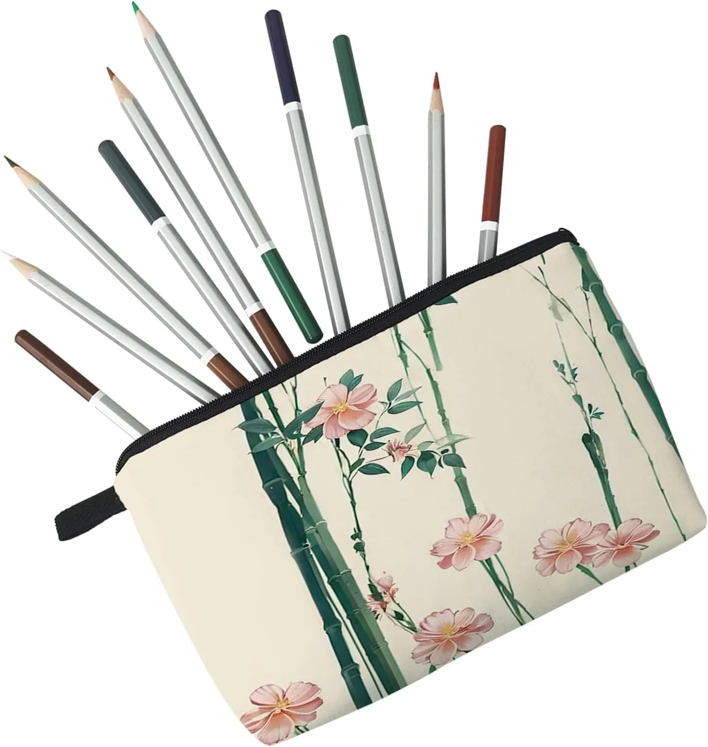Floral Bamboo Cosmetic Bag Cute Small Aesthetic Makeup Organizer Bag with Zipper Chinese Style Ink Painting Bamboo Toiletry Makeup Bag Birthday Presents for Artists Women Friends
