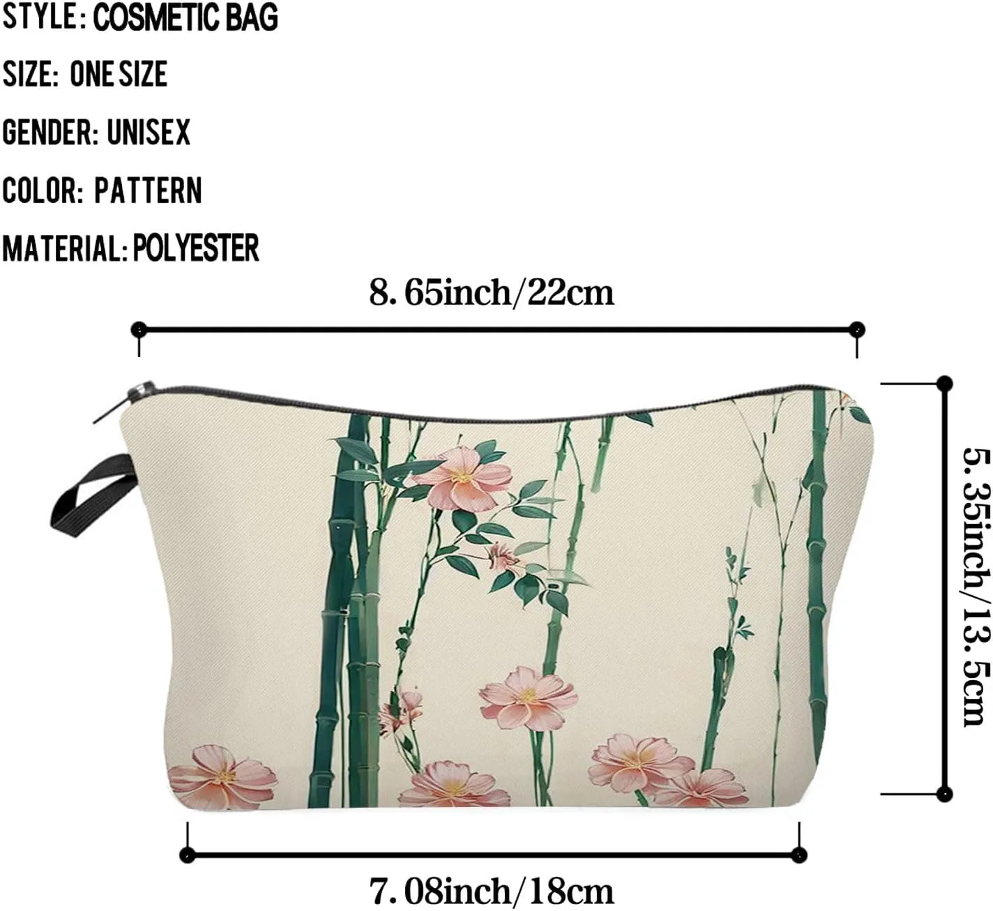Floral Bamboo Cosmetic Bag Cute Small Aesthetic Makeup Organizer Bag with Zipper Chinese Style Ink Painting Bamboo Toiletry Makeup Bag Birthday Presents for Artists Women Friends