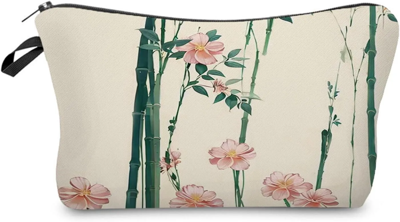 Floral Bamboo Cosmetic Bag Cute Small Aesthetic Makeup Organizer Bag with Zipper Chinese Style Ink Painting Bamboo Toiletry Makeup Bag Birthday Presents for Artists Women Friends