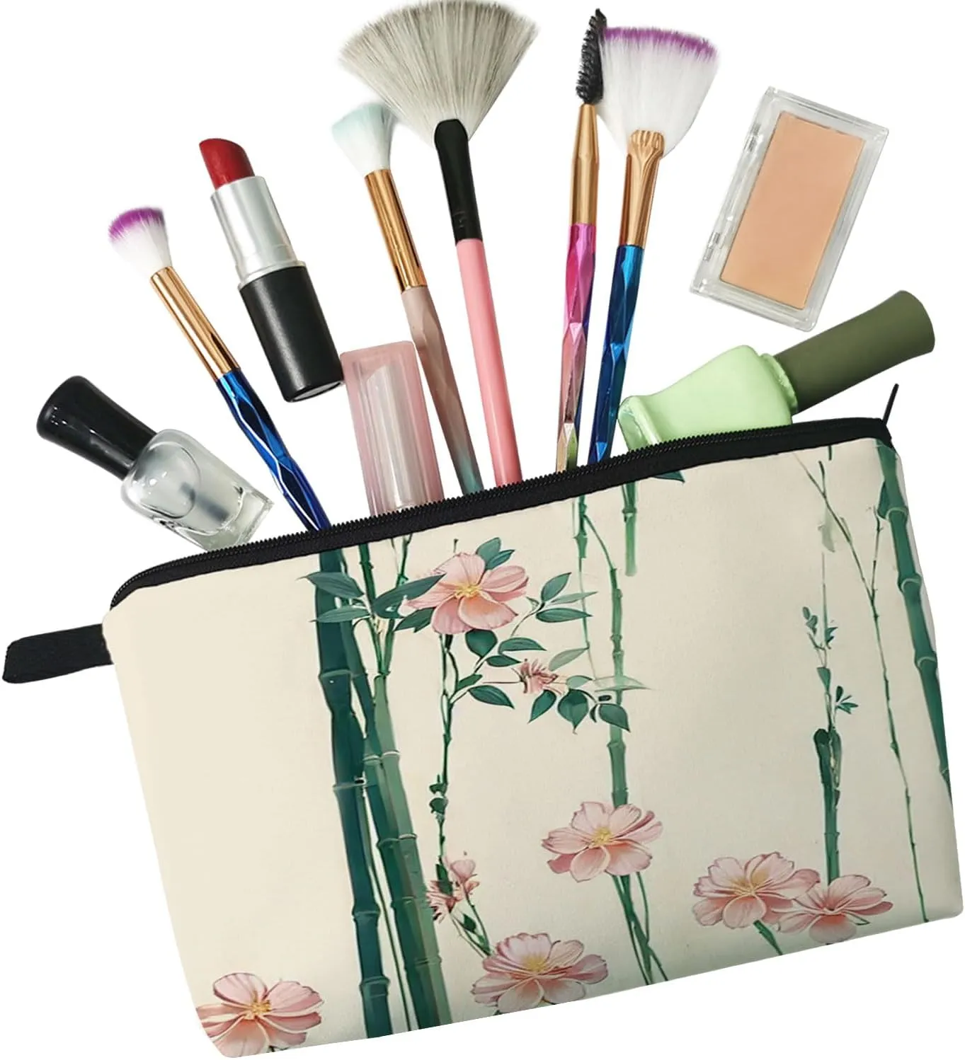 Floral Bamboo Cosmetic Bag Cute Small Aesthetic Makeup Organizer Bag with Zipper Chinese Style Ink Painting Bamboo Toiletry Makeup Bag Birthday Presents for Artists Women Friends