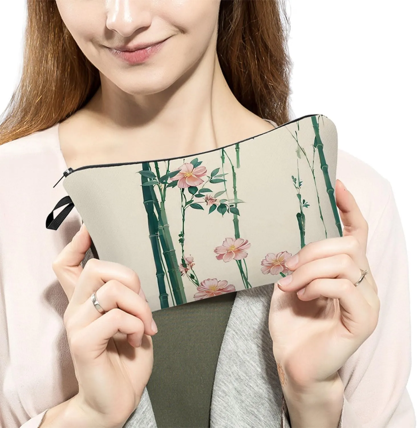 Floral Bamboo Cosmetic Bag Cute Small Aesthetic Makeup Organizer Bag with Zipper Chinese Style Ink Painting Bamboo Toiletry Makeup Bag Birthday Presents for Artists Women Friends