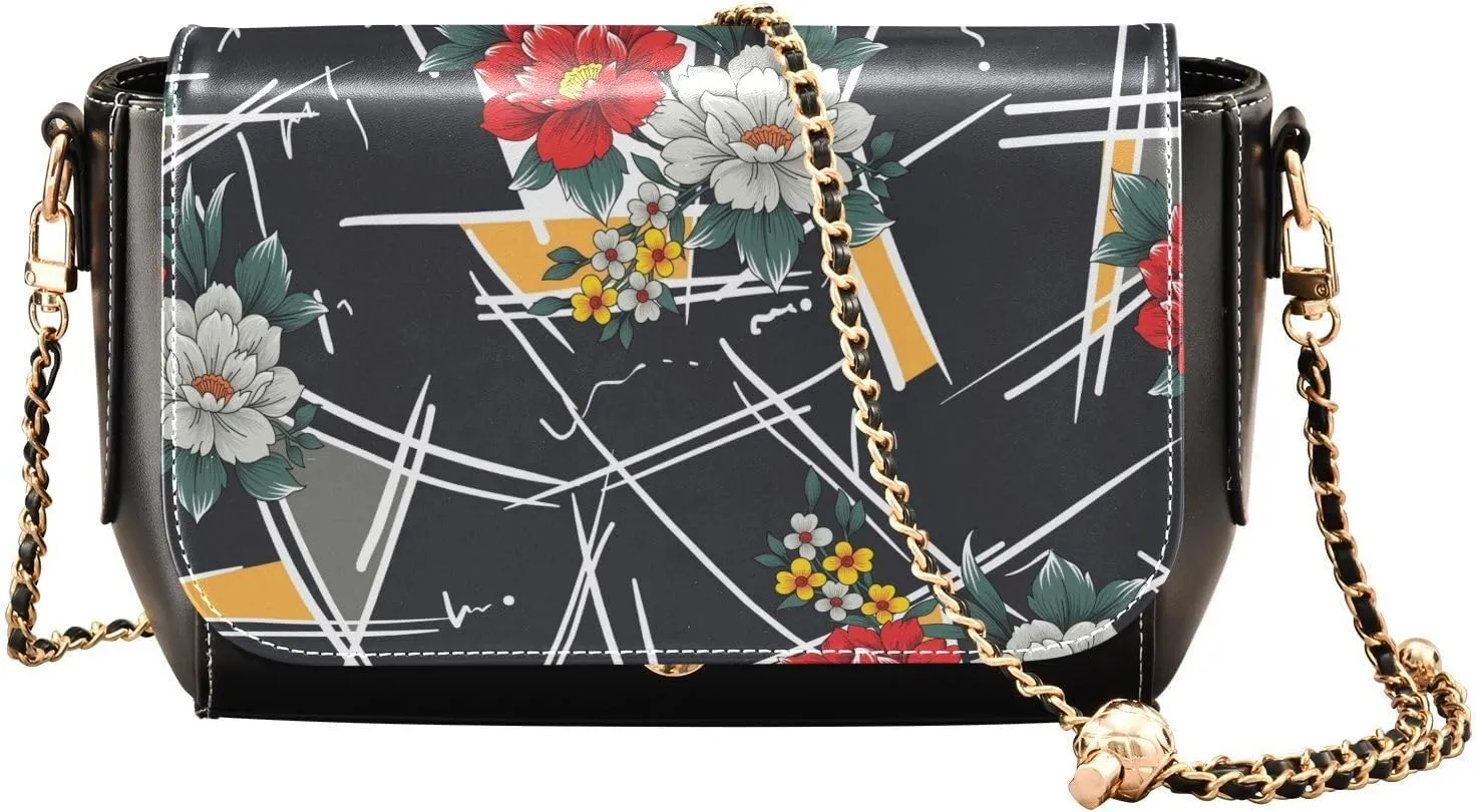 Flower Pattern on Patchwork Crossbody Bags for Women, Trendy Small Shoulder Bag, PU Leather Clutch Purse Underarm Handbag Satchel HandBag with Adjustable Metal Chain