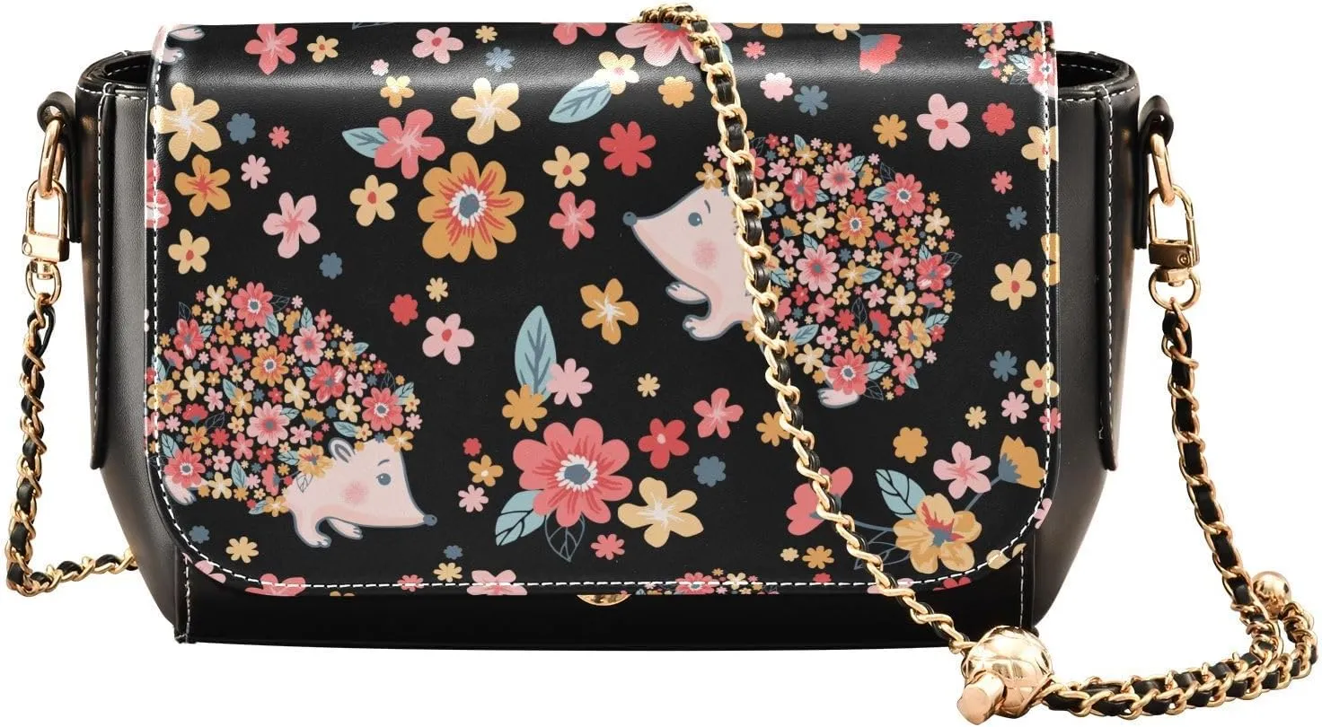 Flowers and Cute Hedgehogs Crossbody Bags for Women, Trendy Small Shoulder Bag, PU Leather Clutch Purse Underarm Handbag Satchel HandBag with Adjustable Metal Chain