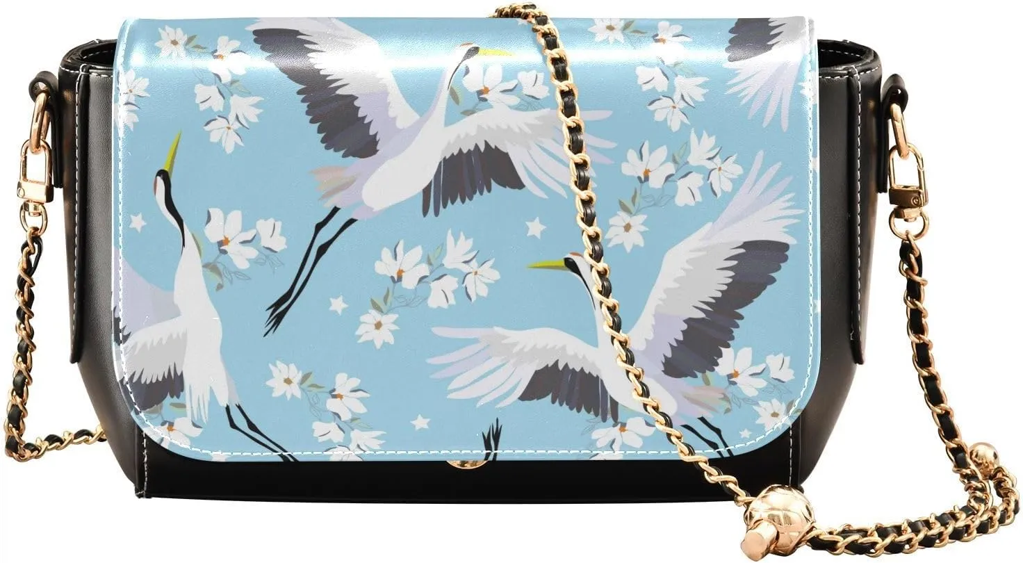 Flying Crane and Flower Crossbody Bags for Women, Trendy Small Shoulder Bag, PU Leather Clutch Purse Underarm Handbag Satchel HandBag with Adjustable Metal Chain
