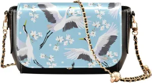 Flying Crane and Flower Crossbody Bags for Women, Trendy Small Shoulder Bag, PU Leather Clutch Purse Underarm Handbag Satchel HandBag with Adjustable Metal Chain