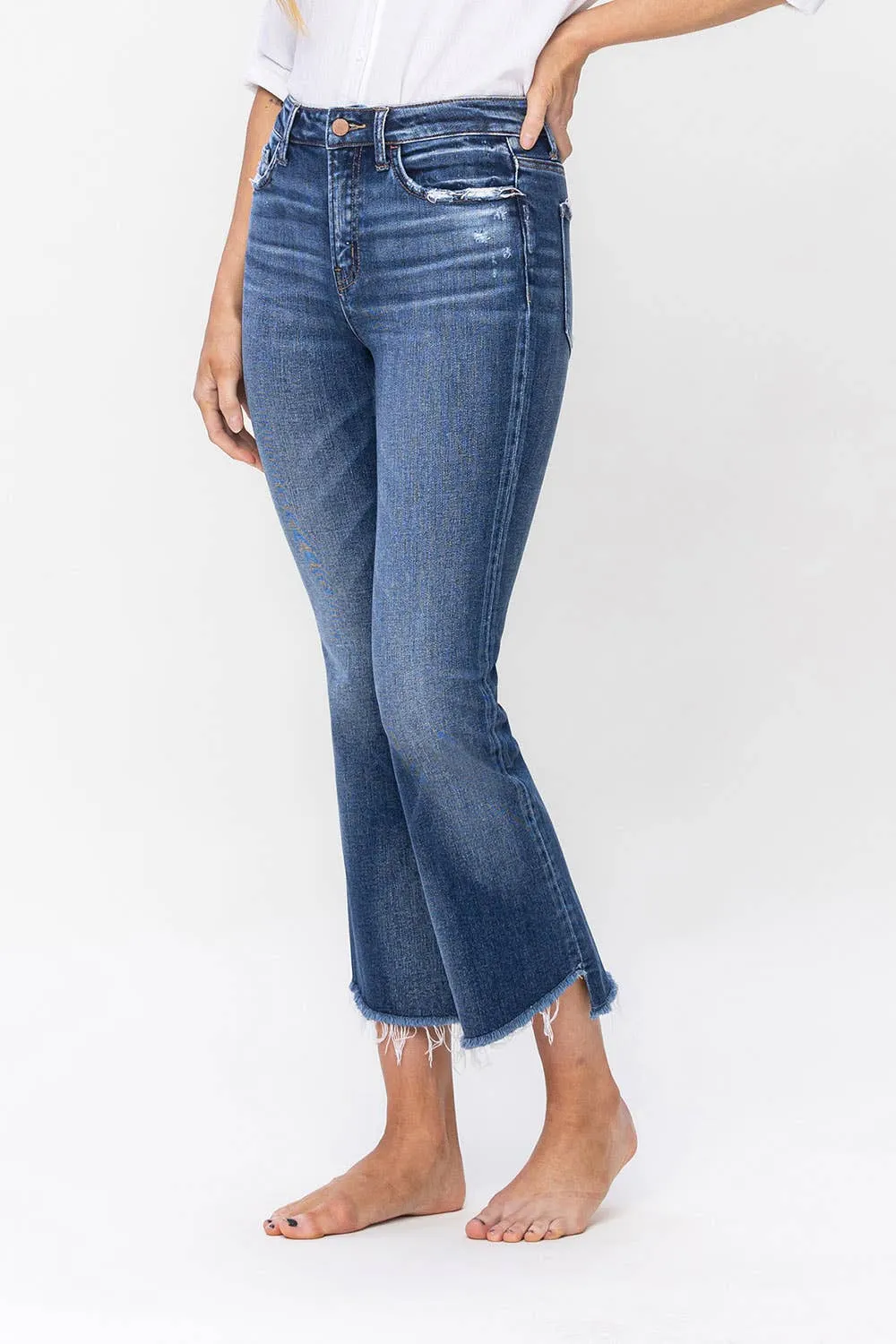 Flying Monkey High Rise Raw Step Hem Crop Flare Jean