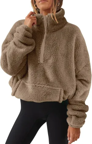 Fuzzy Fleece Sweatshirt For Women Casual Loose Half Zip Up Sherpa Pullover Sweater Warm Fall Winter Outfits