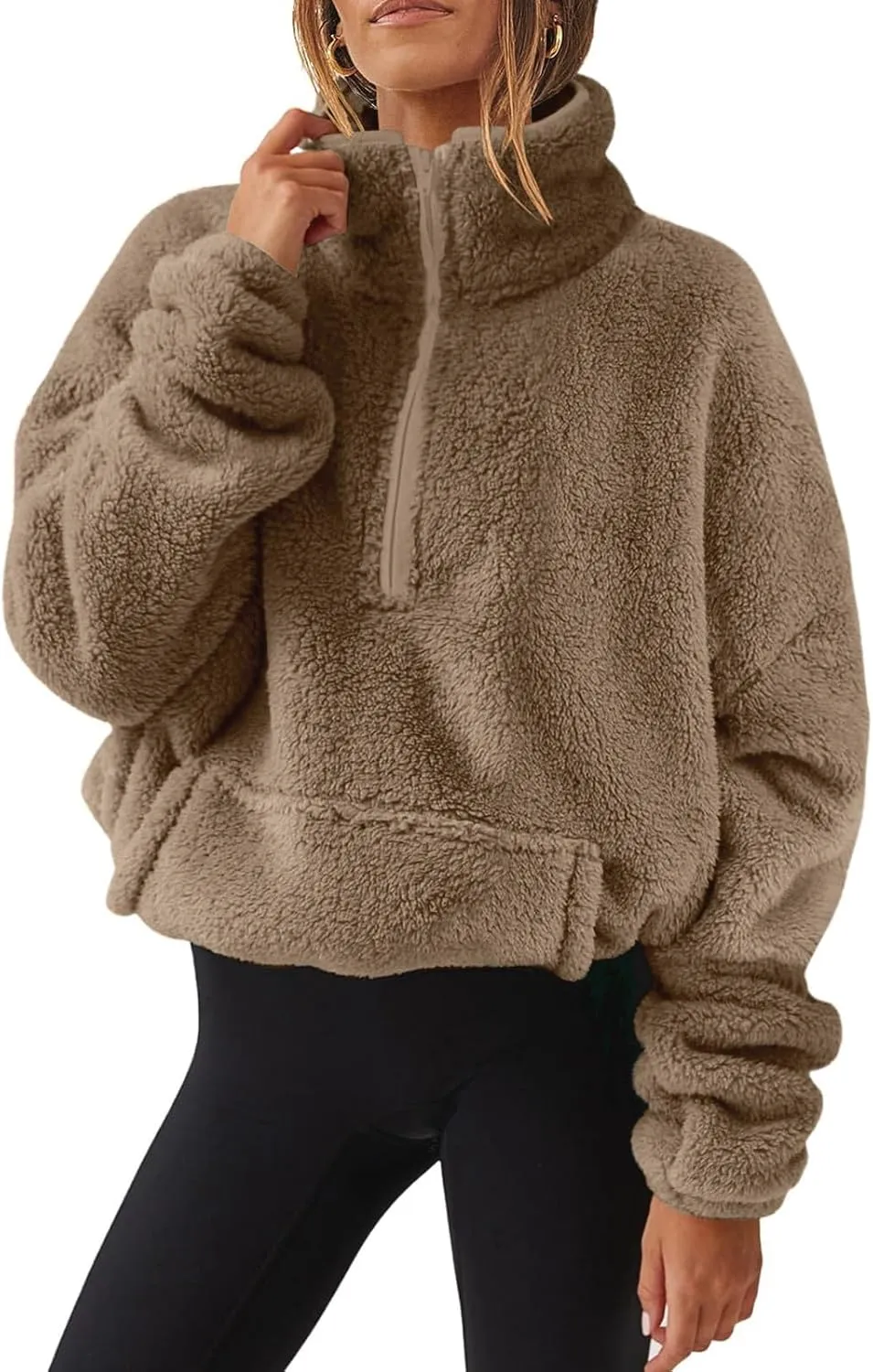 Fuzzy Fleece Sweatshirt For Women Casual Loose Half Zip Up Sherpa Pullover Sweater Warm Fall Winter Outfits