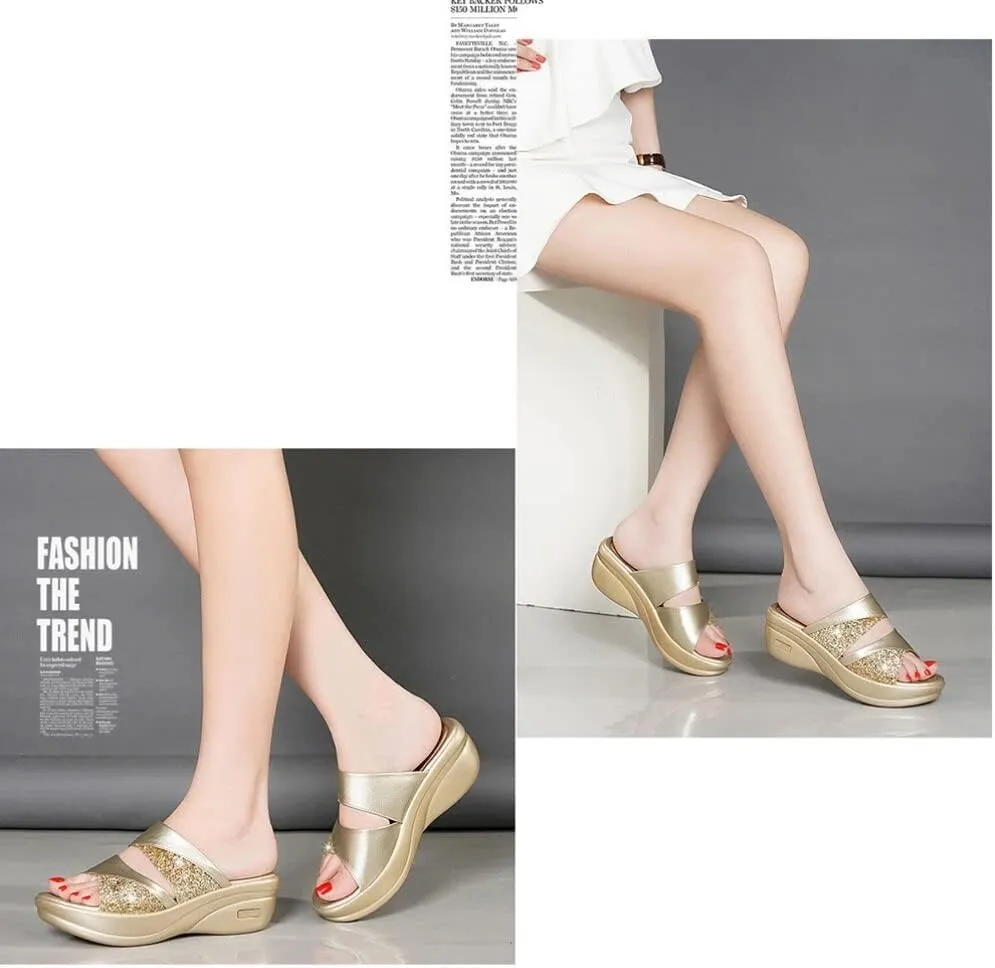 GANAZONO 1 Pair Womens Wedge Platform Slide on Sandals Open Toe Comfortable Cushion FootBed Platform Sandals Dressy Summer
