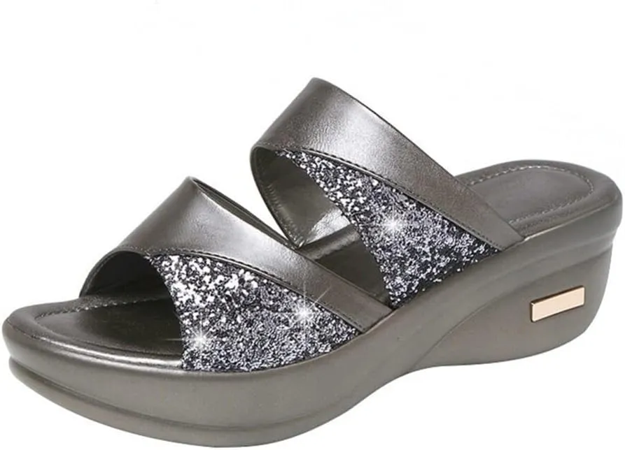 GANAZONO 1 Pair Womens Wedge Platform Slide on Sandals Open Toe Comfortable Cushion FootBed Platform Sandals Dressy Summer