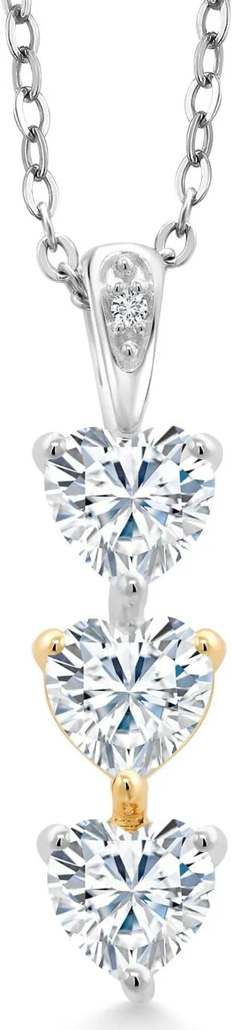 Gem Stone King 925 Sterling Silver and 10K Yellow Gold White Moissanite and Lab Grown Diamond 3 Stone Heart Shape Pendant Necklace By Keren Hanan (1.27 Cttw, with 18 Inch Chain)