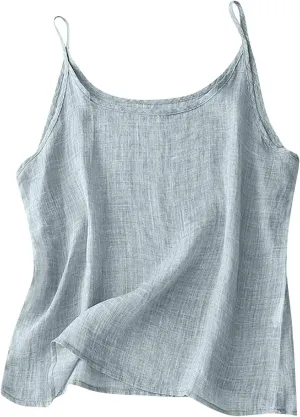 Generic Women Cotton Linen Camisole Spaghetti Strap Cami Top Sleeveless Scoop Neck Solid Color Plain Loose Basic Tank Shirt