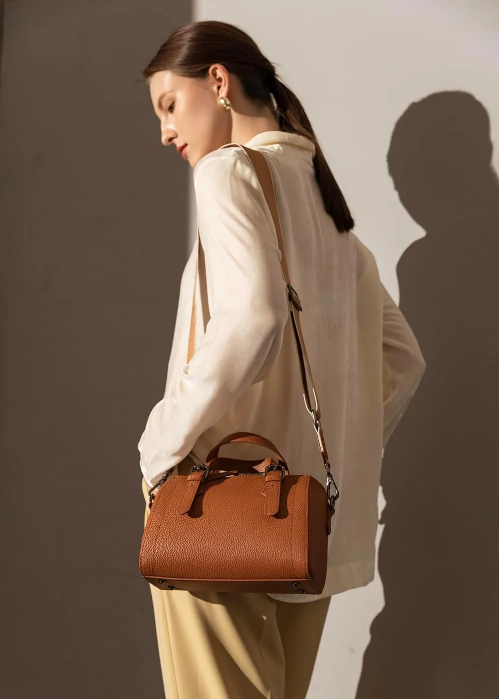 Genuine Cowhide Leather Boston Bag - Womens Lightweight Barrel Handbag