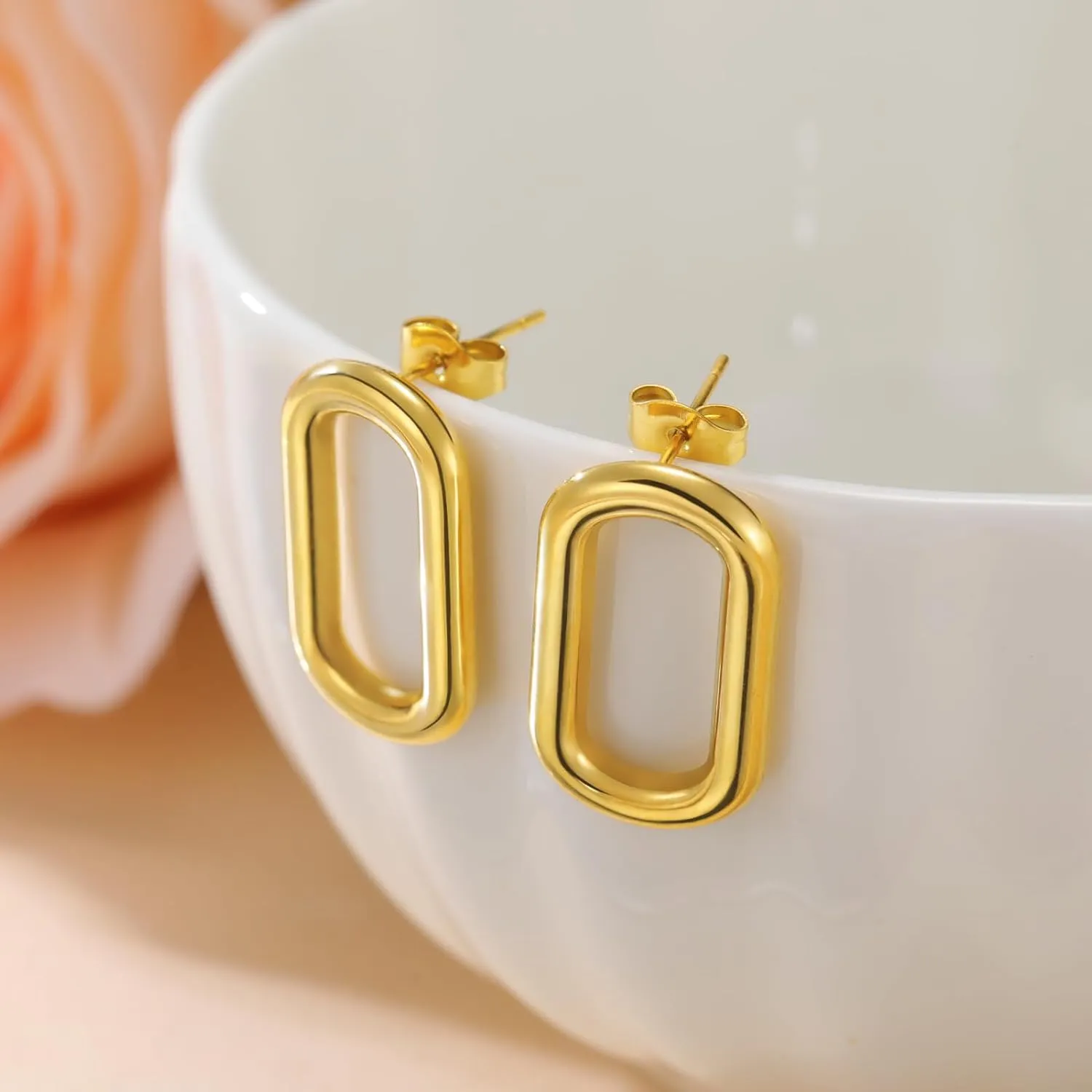 Geometric Elongated Oval Link Stud Earrings, Stainless Steel Minimalist Design