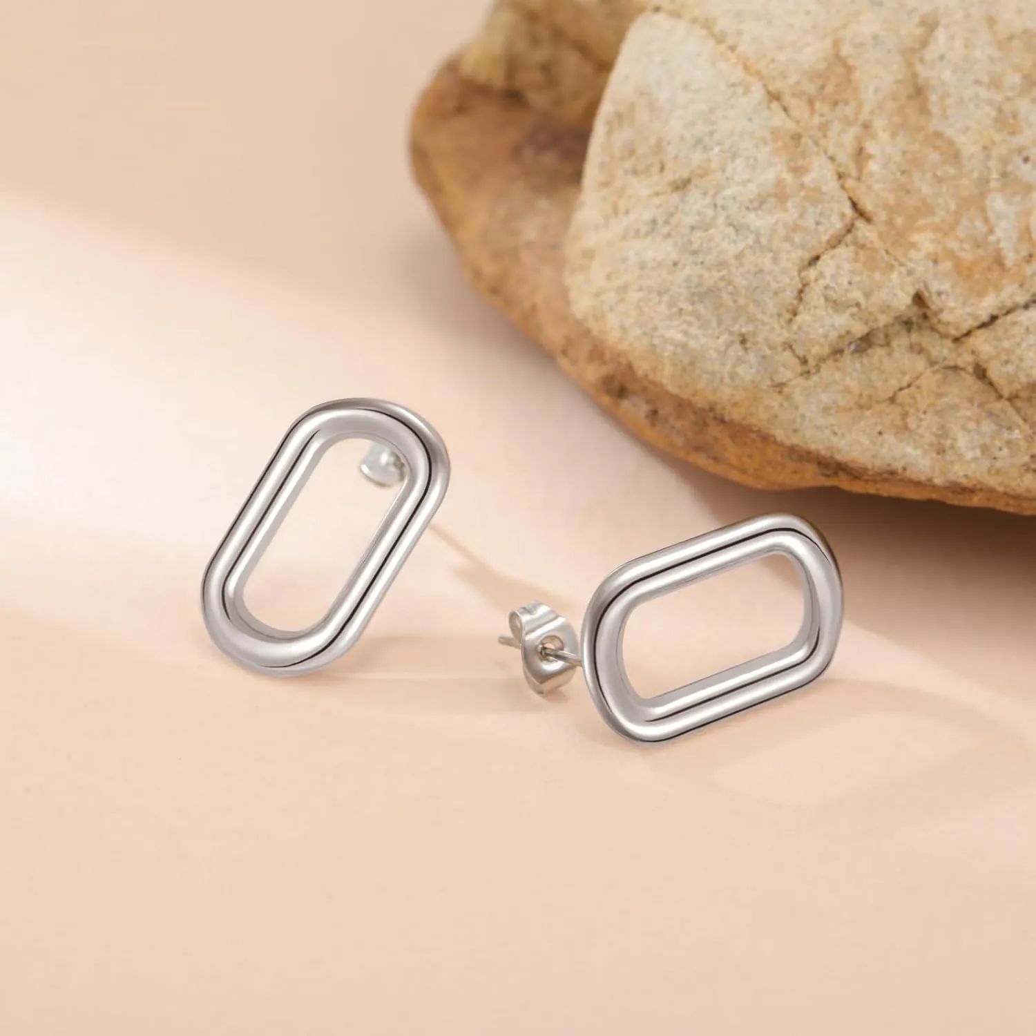 Geometric Elongated Oval Link Stud Earrings, Stainless Steel Minimalist Design