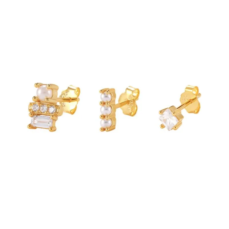 Geometric Harmony: 3 Pieces/Set 925 Sterling Silver Fashion Earrings with Zircon, Pearl, and Gold-Plated Studs