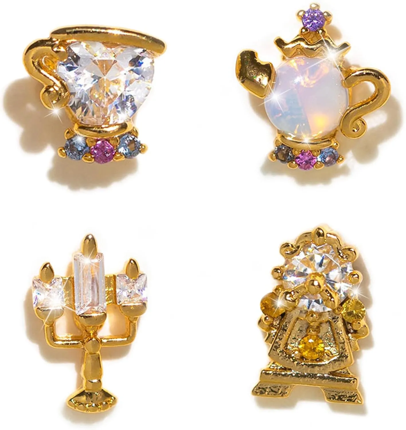 Geometric Teapot and Candle Women's Stud Earrings Set Gold-plated cubic zirconia earrings, hypoallergenic silver studs (4 pcs)