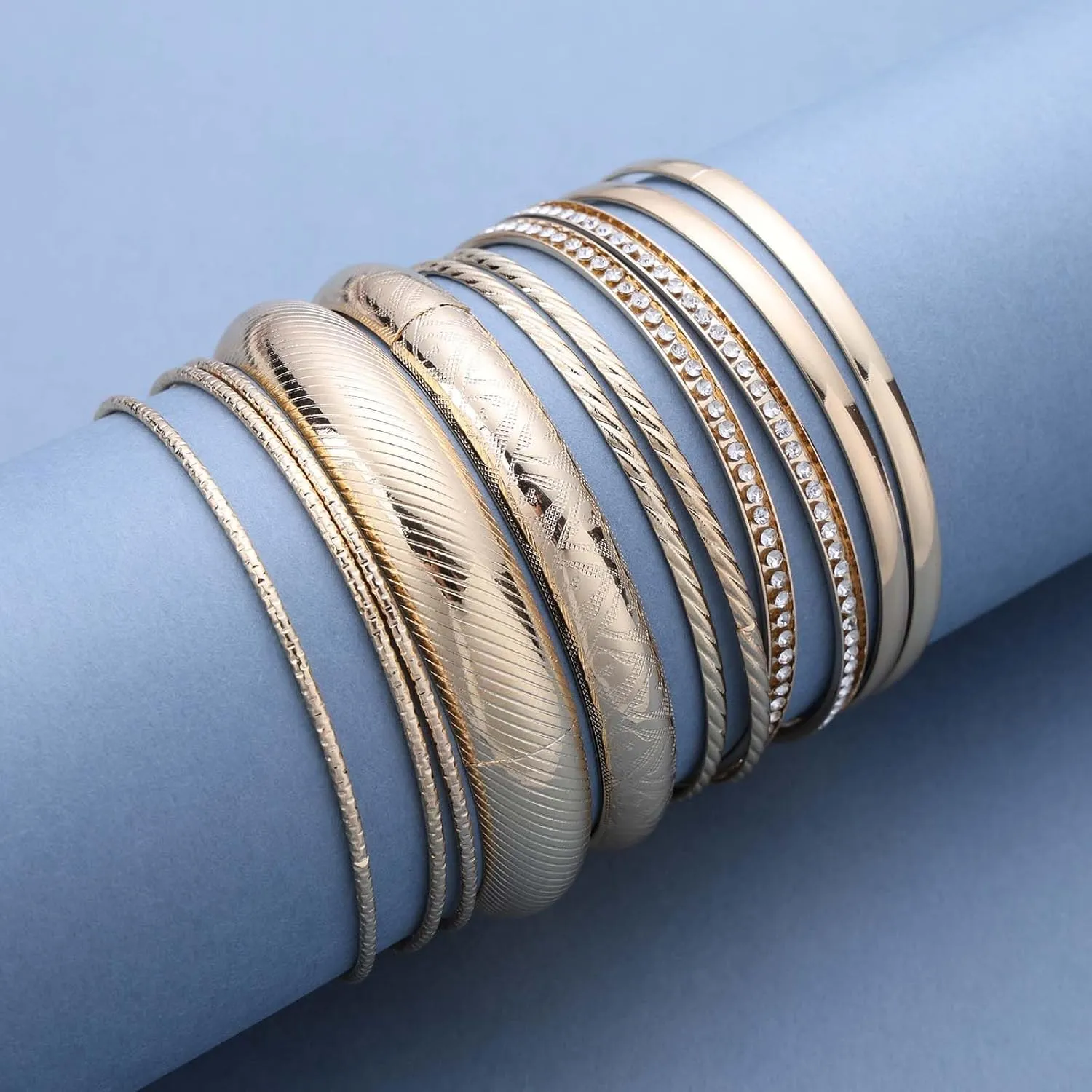 Gold Bangle Bracelet Set for Women Multi Stacking Wide Bangles Indian Bollywood Rhinestone Thin Bangle Tennis Bracelets Ethnic Glossy Textured Twist Bracelets Wedding Outfit Jewelry