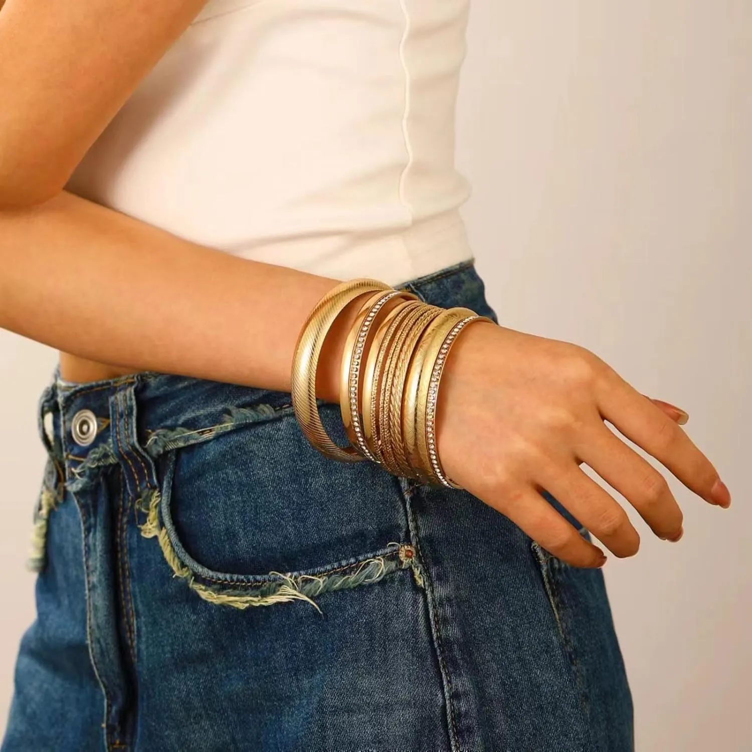 Gold Bangle Bracelet Set for Women Multi Stacking Wide Bangles Indian Bollywood Rhinestone Thin Bangle Tennis Bracelets Ethnic Glossy Textured Twist Bracelets Wedding Outfit Jewelry