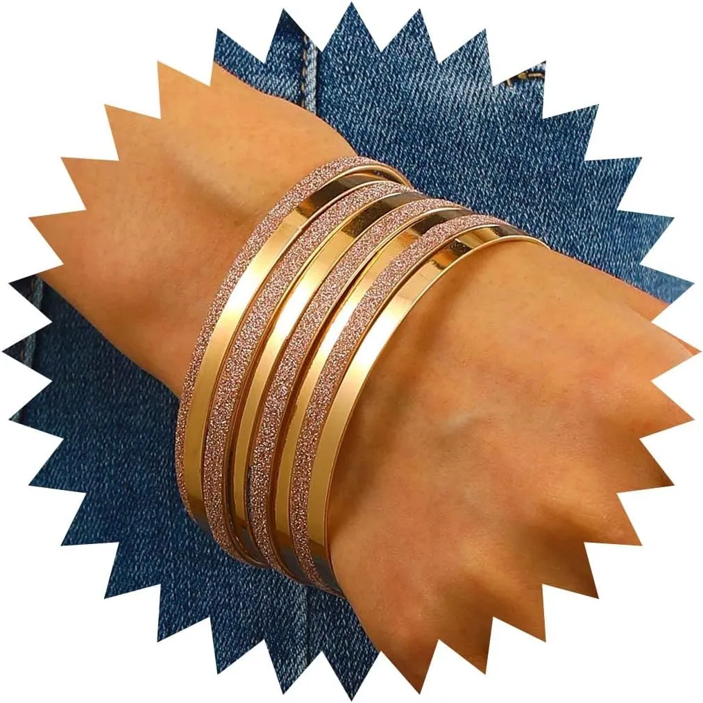 Gold Bangle Bracelet Set for Women Stacking Thin Metal Textured Bangles Layered Indian Bollywood Bangle Bracelets Vintage Frosted Smooth Surface Bangles Collection Wedding Outfit Jewelry