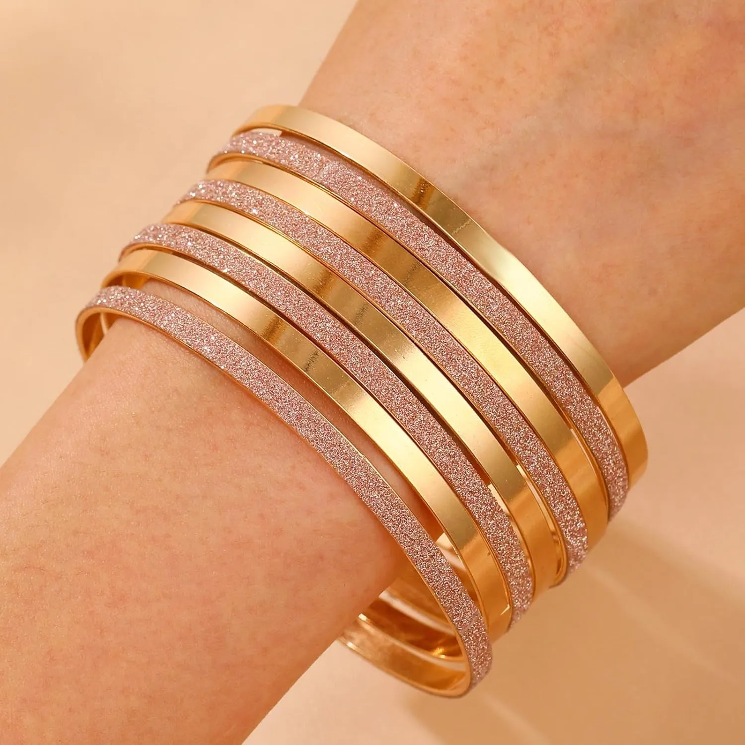 Gold Bangle Bracelet Set for Women Stacking Thin Metal Textured Bangles Layered Indian Bollywood Bangle Bracelets Vintage Frosted Smooth Surface Bangles Collection Wedding Outfit Jewelry