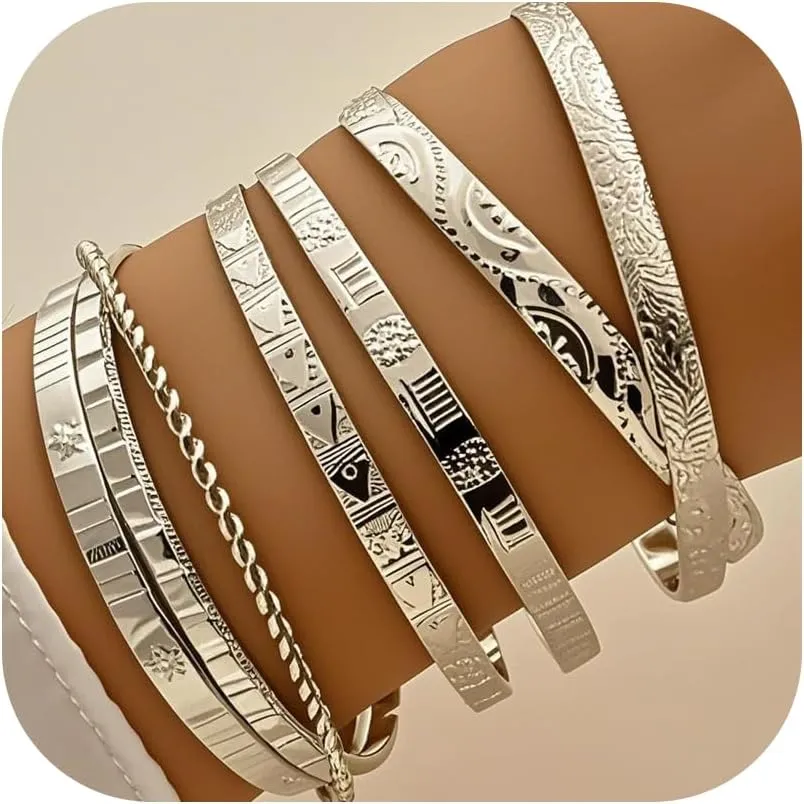 Gold Bangle Bracelets for Women - 14K Gold Plated MultiLayer Stackable Cuff Bracelet Set - Trendy Adjustable Bangles Bracelets - Non Tarnish Minimalist Textured 7Pcs Jewelry