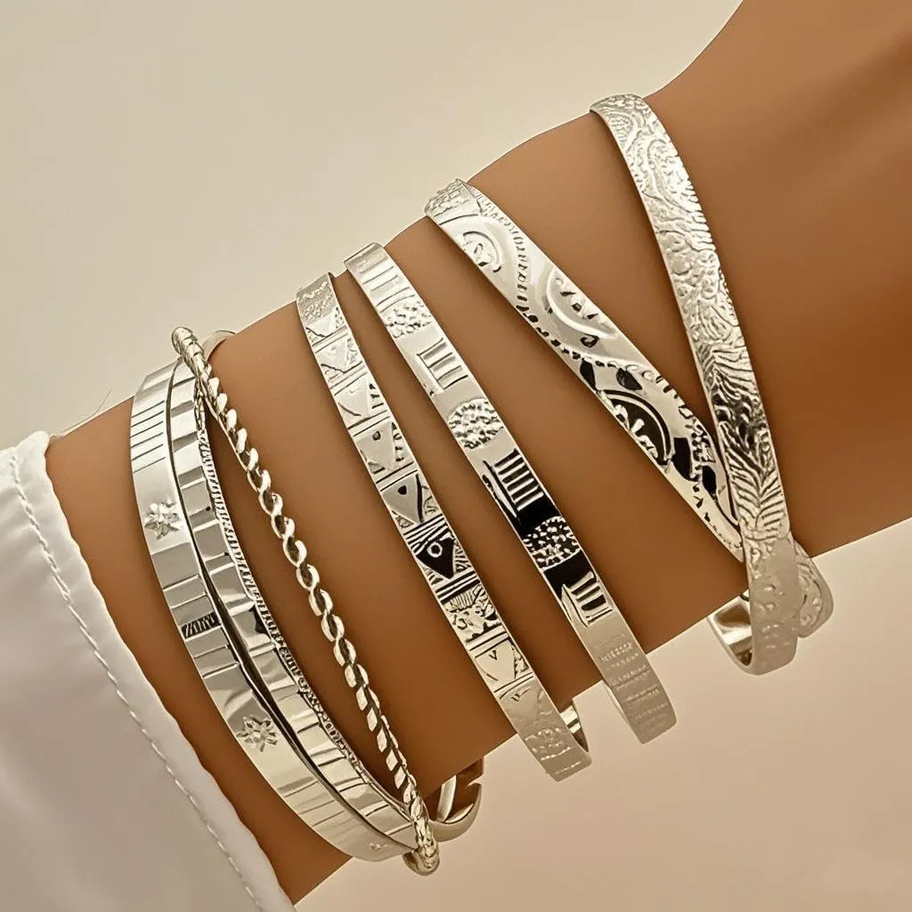 Gold Bangle Bracelets for Women - 14K Gold Plated MultiLayer Stackable Cuff Bracelet Set - Trendy Adjustable Bangles Bracelets - Non Tarnish Minimalist Textured 7Pcs Jewelry