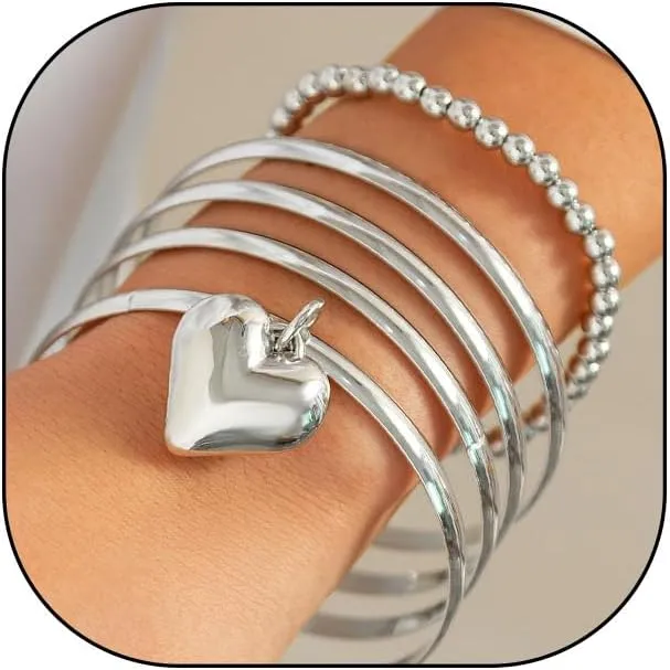 Gold Bangles Bracelets for Women Trendy Chunky Heart Pendant Charm Bracelets Stack 14K Gold Plated Multi Layer Cuff Bangles Beaded Bracelets Sets Dainty Jewelry for Gifts