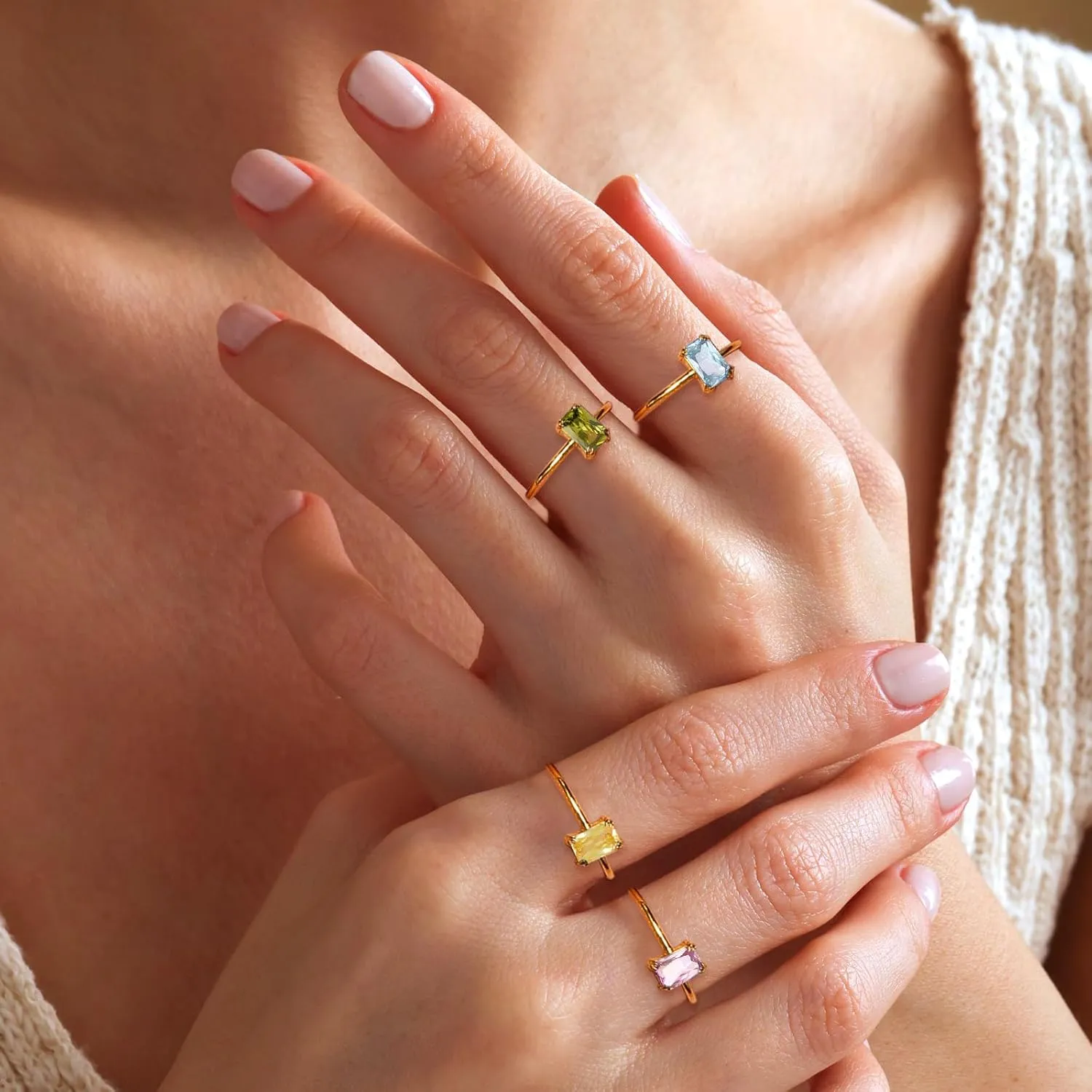 Gold Birthstone Rings for Women Non Tarnish Dainty Gold Stacking Rings Adjustable 14K Gold Plated Baguette CZ Emerald Green Gemstone Ring Jewelry Gift