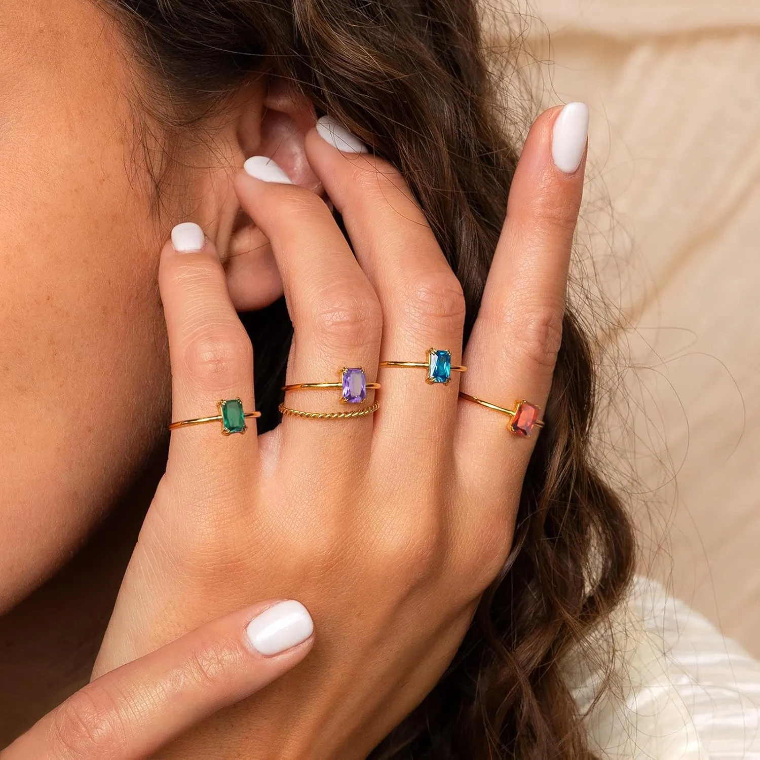 Gold Birthstone Rings for Women Non Tarnish Dainty Gold Stacking Rings Adjustable 14K Gold Plated Baguette CZ Emerald Green Gemstone Ring Jewelry Gift