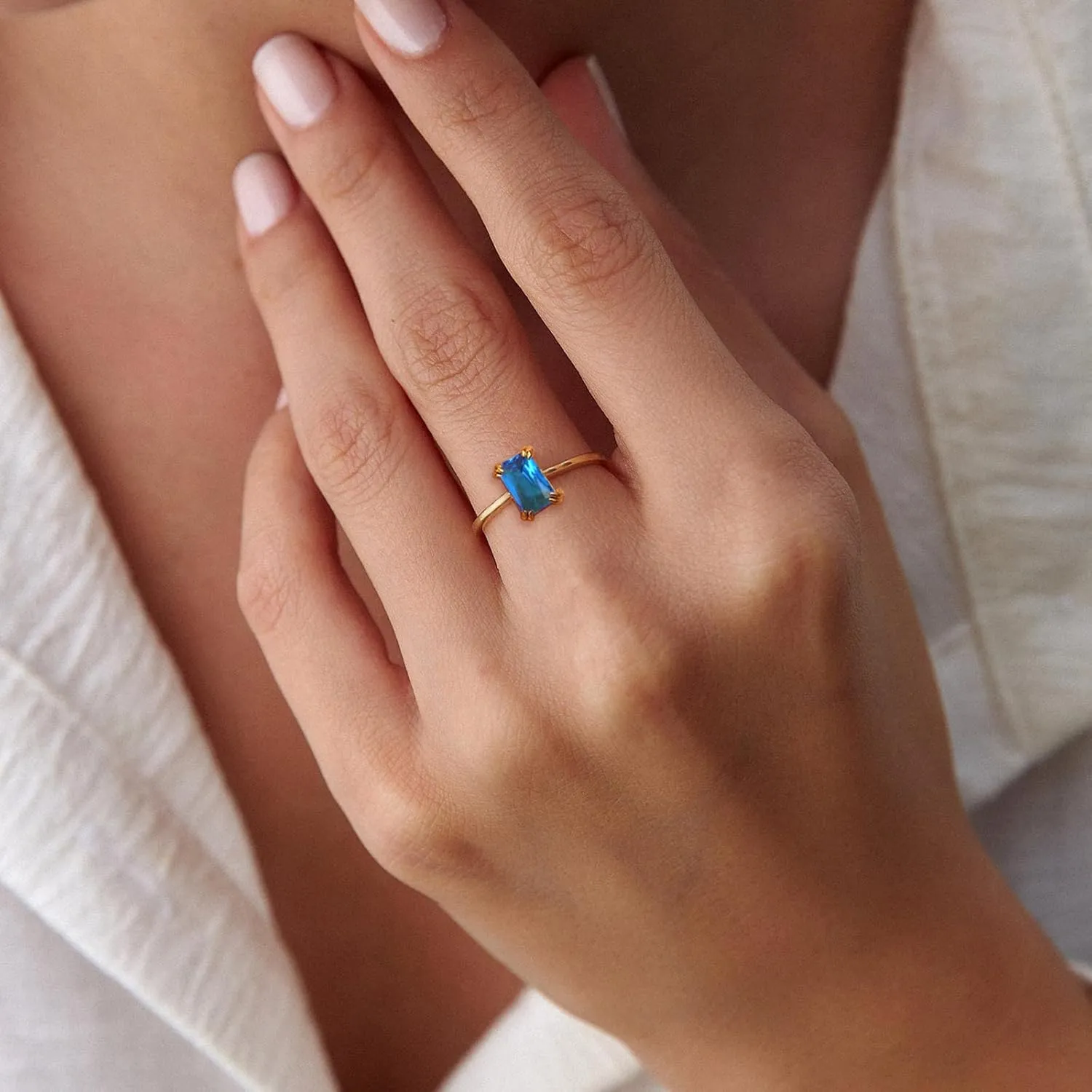Gold Birthstone Rings for Women Non Tarnish Dainty Gold Stacking Rings Adjustable 14K Gold Plated Baguette CZ Emerald Green Gemstone Ring Jewelry Gift