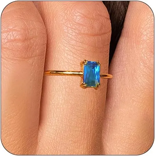 Gold Birthstone Rings for Women Non Tarnish Dainty Gold Stacking Rings Adjustable 14K Gold Plated Baguette CZ Emerald Green Gemstone Ring Jewelry Gift