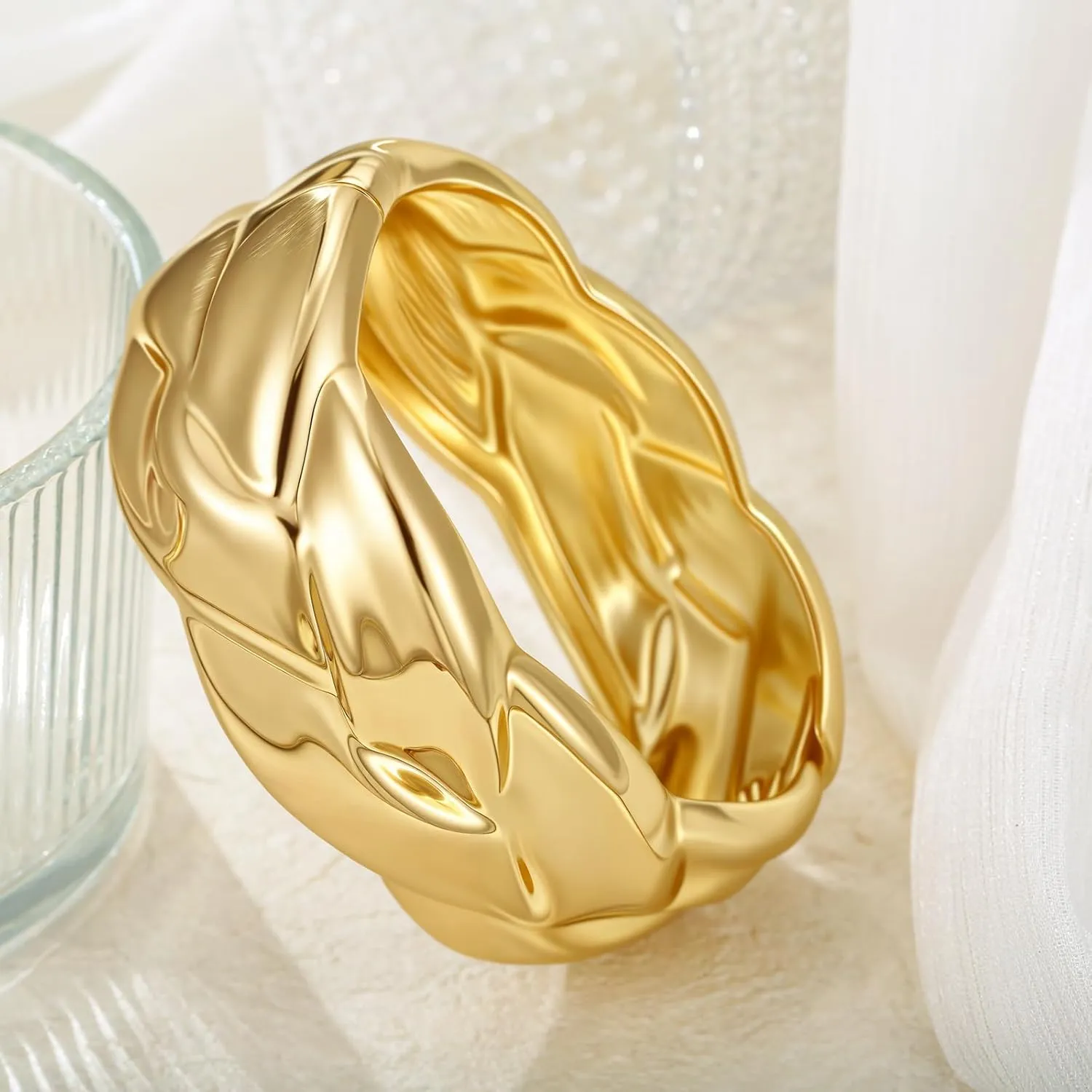 Gold Chunky Bangle Bracelets for Women Simple Twisted Textured Cuff Bangle Wide Square Bangle Bracelet Minimalist Bracelet