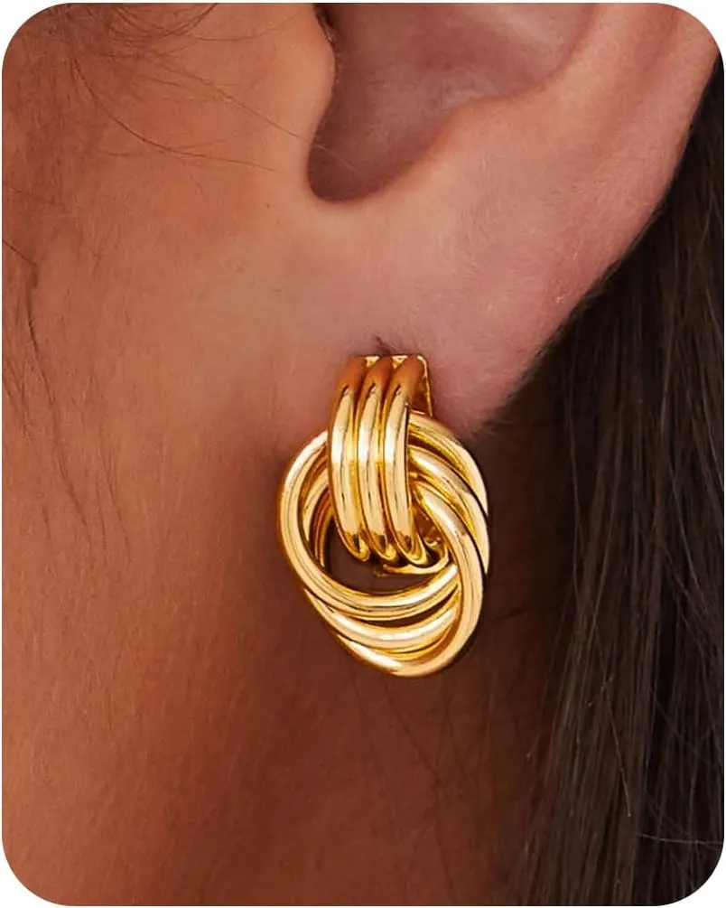 Gold Earrings for Women Trendy 14K Gold Plated Knot Earring Geometric Statement Drop Dangle Earrings Chunky Light Weight Hypoallergenic Fashion Jewelry Gifts