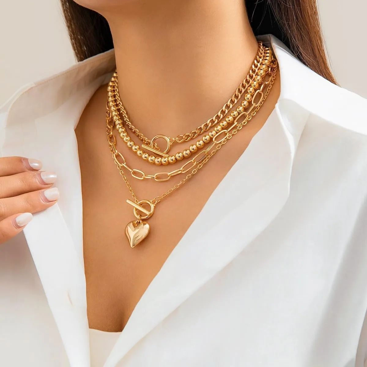 Gold Layered Necklaces for Women, Beaded Chain Choker Heart Pendant Necklace Set, Jewelry Gift for Mum Her Birthday