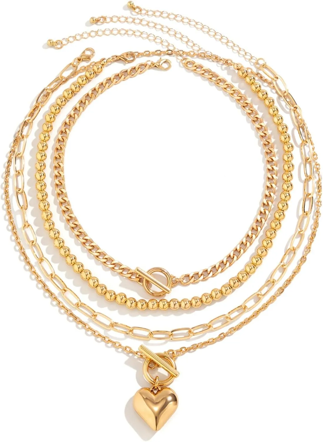 Gold Layered Necklaces for Women, Beaded Chain Choker Heart Pendant Necklace Set, Jewelry Gift for Mum Her Birthday