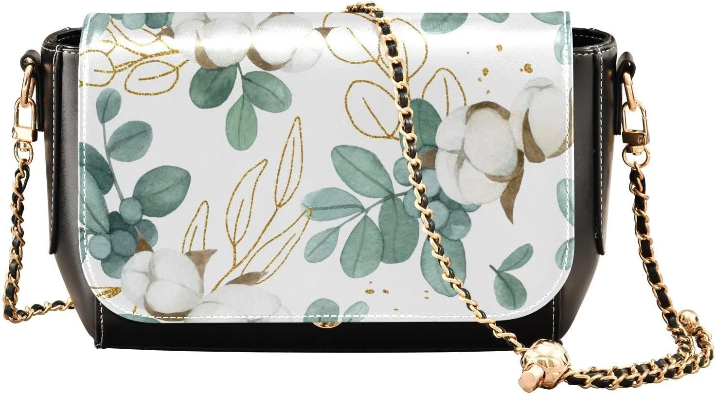 Golden Eucalyptus Leaves Crossbody Bags for Women, Trendy Small Shoulder Bag, PU Leather Clutch Purse Underarm Handbag Satchel HandBag with Adjustable Metal Chain