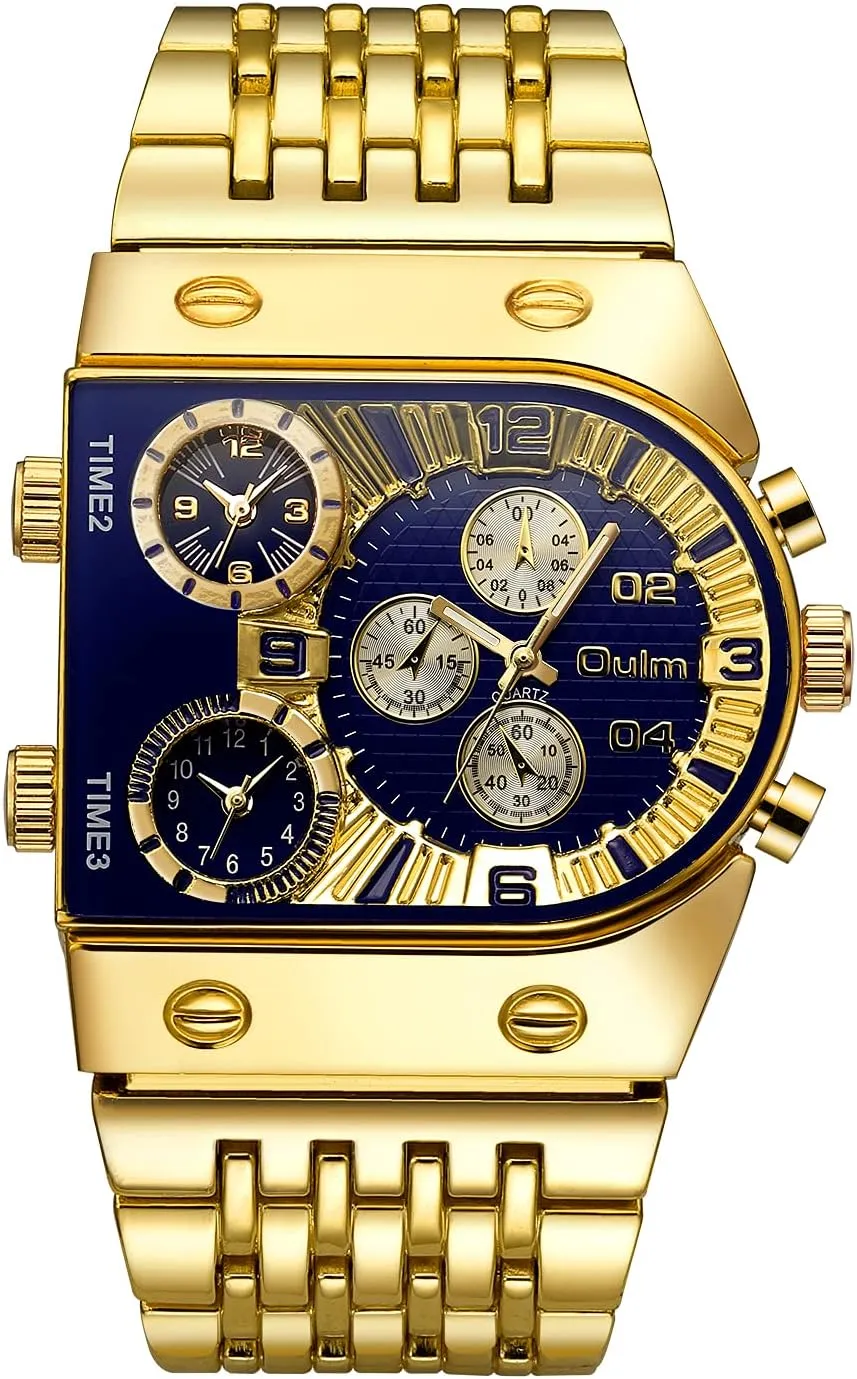 GORBEN Men's Wrist Watch, Stylish Stainless Steel Watches, Personalized Gold Mens Chronograph Watch, Gifts for Dad Husband, Creative 3 Time Zone Large Quartz Wristwatch for Friend Family