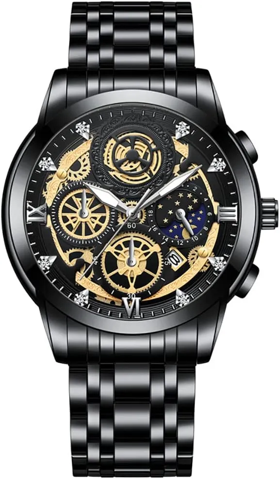 Gosasa Fashion Men Hollow Watches Diamond Moon Stars Calendar Luminous Stainless Steel Strap Quartz Waterproof Business Male Wristwatch
