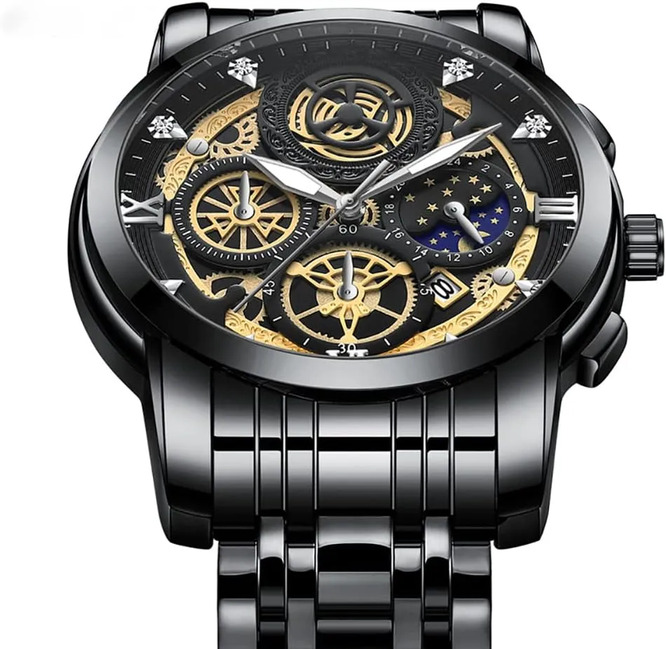 Gosasa Fashion Men Hollow Watches Diamond Moon Stars Calendar Luminous Stainless Steel Strap Quartz Waterproof Business Male Wristwatch