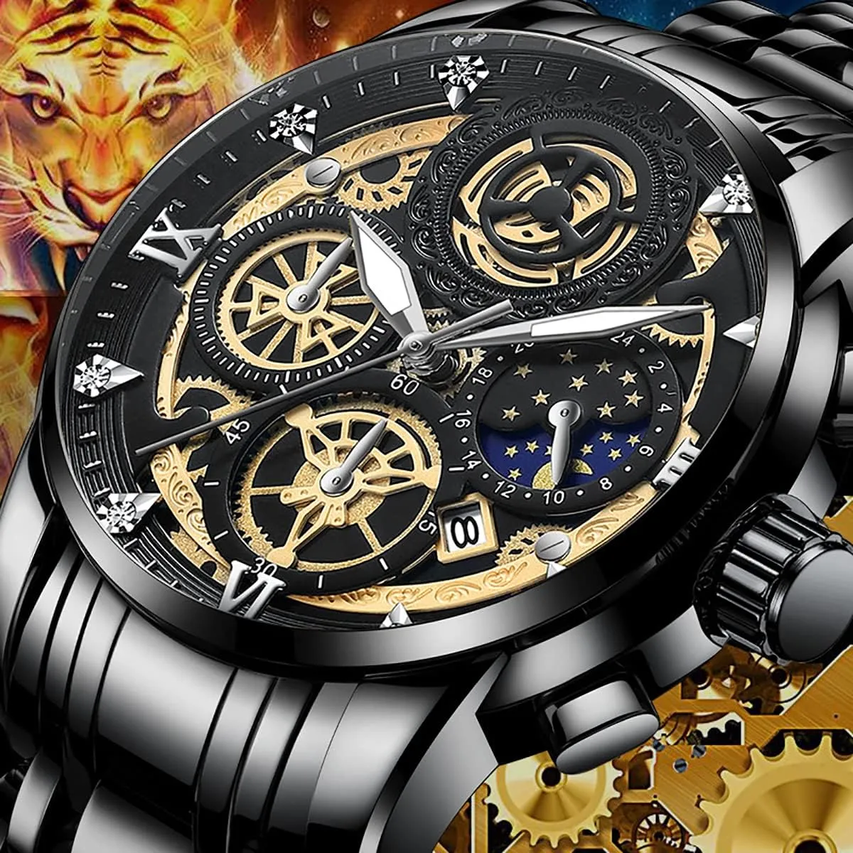 Gosasa Fashion Men Hollow Watches Diamond Moon Stars Calendar Luminous Stainless Steel Strap Quartz Waterproof Business Male Wristwatch