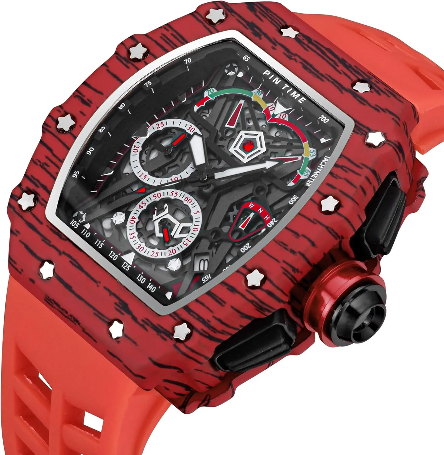 Gosasa Unique Men Punk Wristwatch Hollow Big Dial Luminous Waterproof Sport Analog Quartz Business Men's Watches Silicon Strap Dress Watch (Black Case - Red Strap)