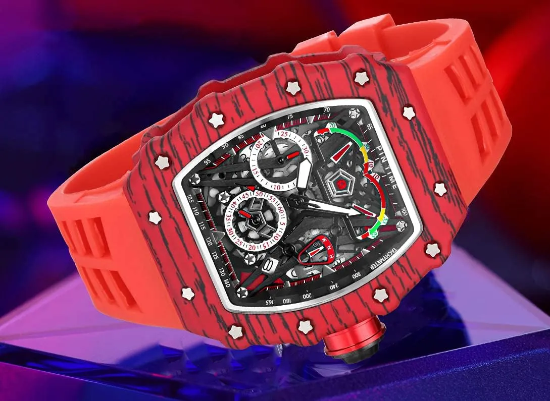 Gosasa Unique Men Punk Wristwatch Hollow Big Dial Luminous Waterproof Sport Analog Quartz Business Men's Watches Silicon Strap Dress Watch (Black Case - Red Strap)