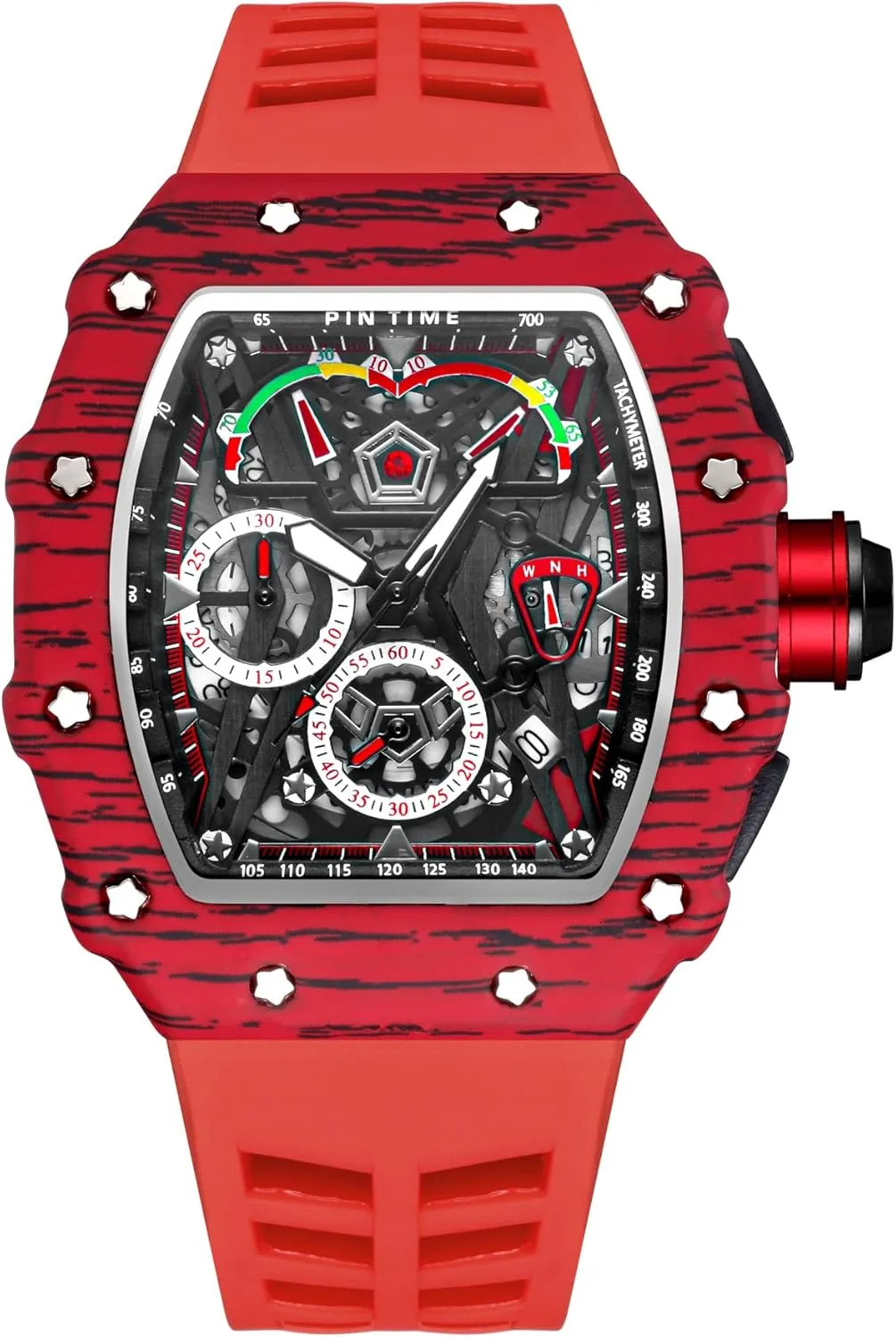 Gosasa Unique Men Punk Wristwatch Hollow Big Dial Luminous Waterproof Sport Analog Quartz Business Men's Watches Silicon Strap Dress Watch (Black Case - Red Strap)