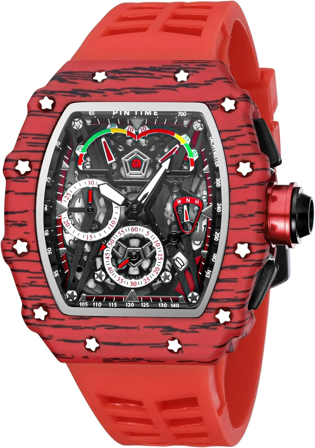 Gosasa Unique Men Punk Wristwatch Hollow Big Dial Luminous Waterproof Sport Analog Quartz Business Men's Watches Silicon Strap Dress Watch (Black Case - Red Strap)