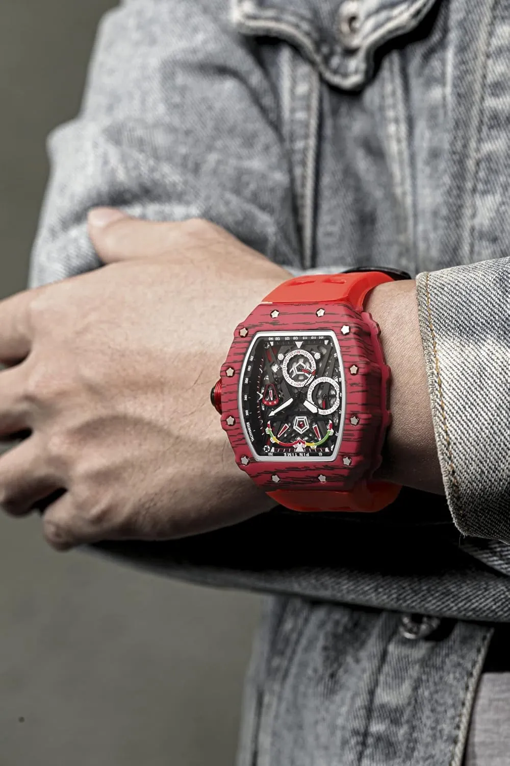 Gosasa Unique Men Punk Wristwatch Hollow Big Dial Luminous Waterproof Sport Analog Quartz Business Men's Watches Silicon Strap Dress Watch (Black Case - Red Strap)
