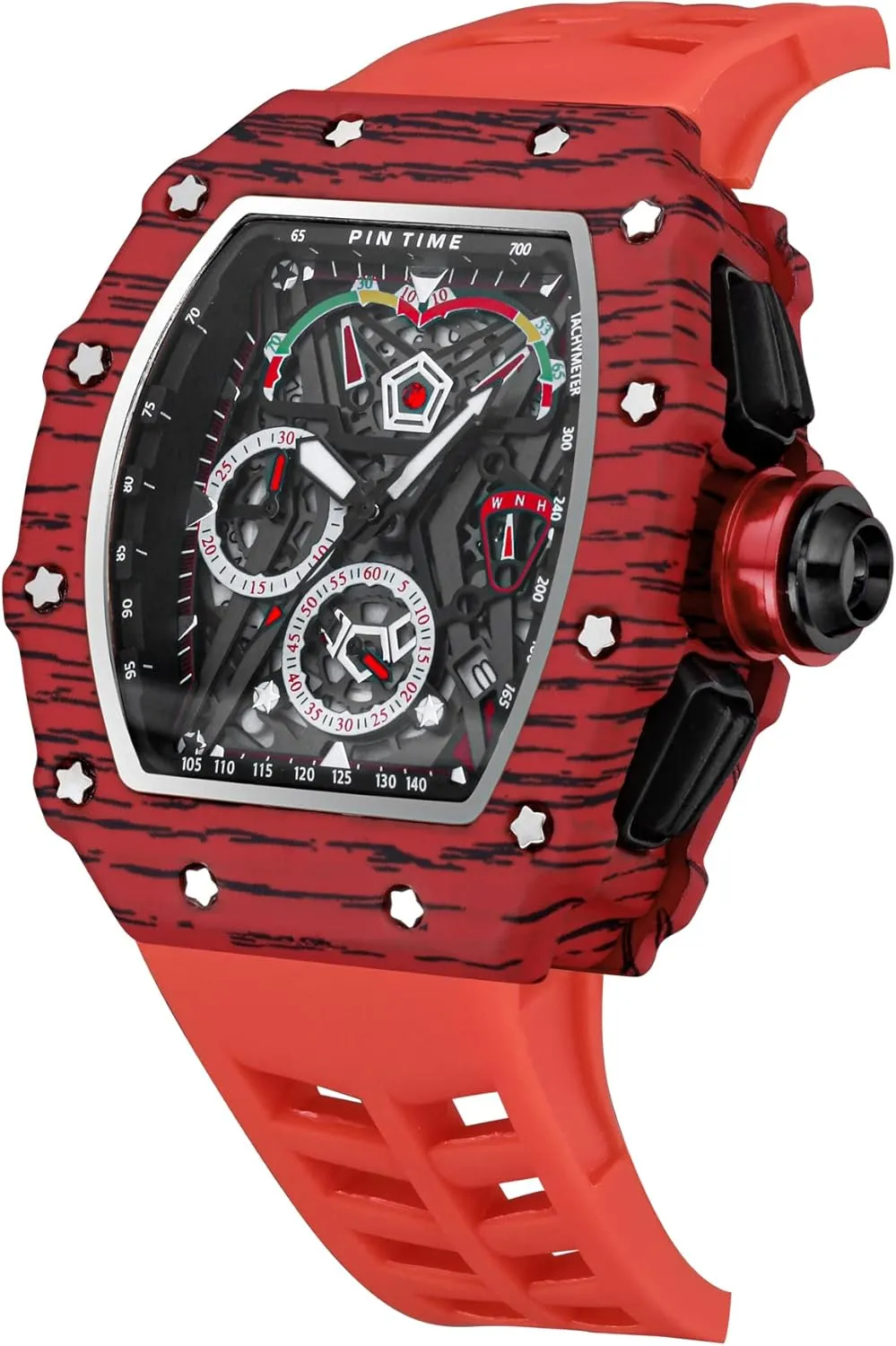 Gosasa Unique Men Punk Wristwatch Hollow Big Dial Luminous Waterproof Sport Analog Quartz Business Men's Watches Silicon Strap Dress Watch (Black Case - Red Strap)